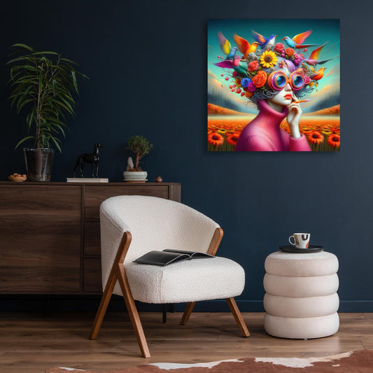 Acrylglasbild - Frauen mit ausgefallenen Brillen in einer lebendigen Welt voller Blumen und Vögel II Wohnbeispiel
