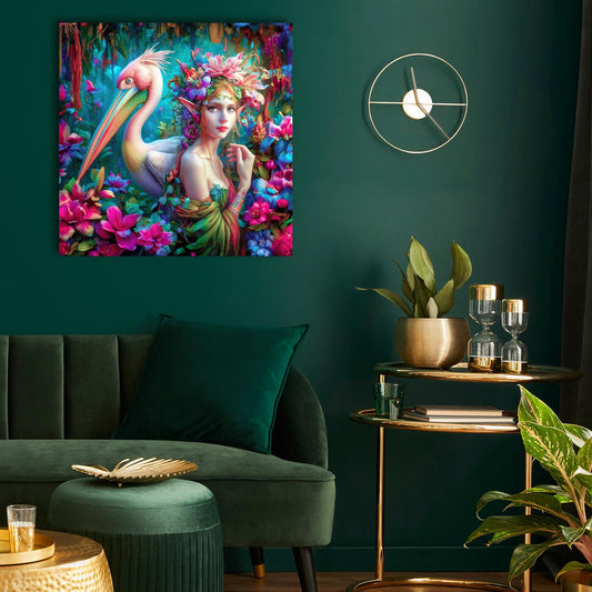 Tableau en verre acrylique - Dans la forêt enchantée : Un elfe et le pélican