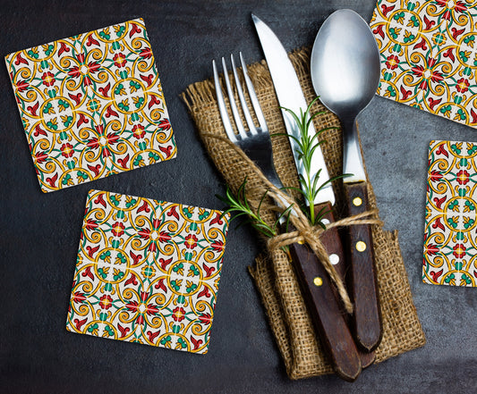 Steinuntersetzer-Set - Grüne und Rote Ornamente