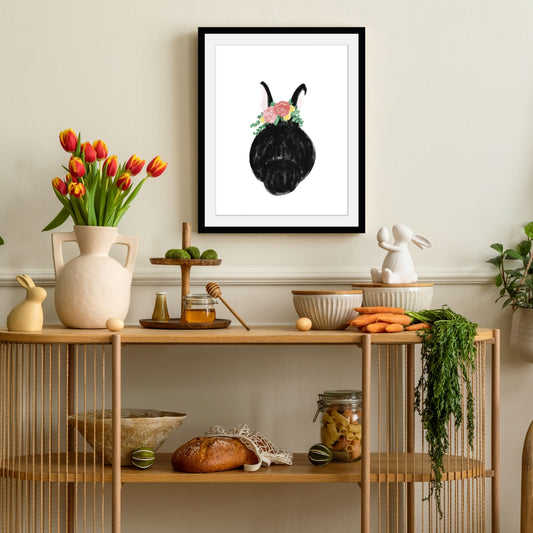 Rahmenbild - Schwarzer Hase mit Blumen - Einrichtungsbeispiel Foto