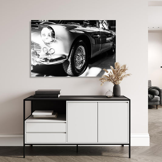 Aluminiumbild - Retro Auto Schwarz Weiss Wohnbeispiel