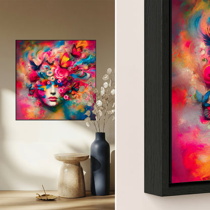 Image en verre acrylique - Kaléidoscope sensuel : Enveloppé de fleurs et de papillons