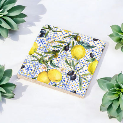 Steinuntersetzer-Set - Zitronen und Oliven