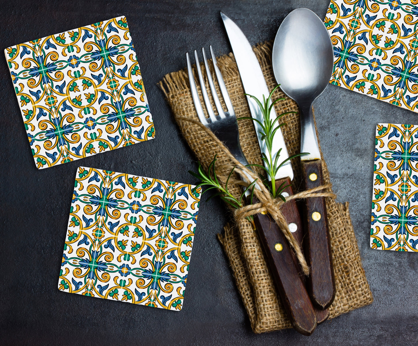 Steinuntersetzer-Set - Blaue und Grüne Ornamente