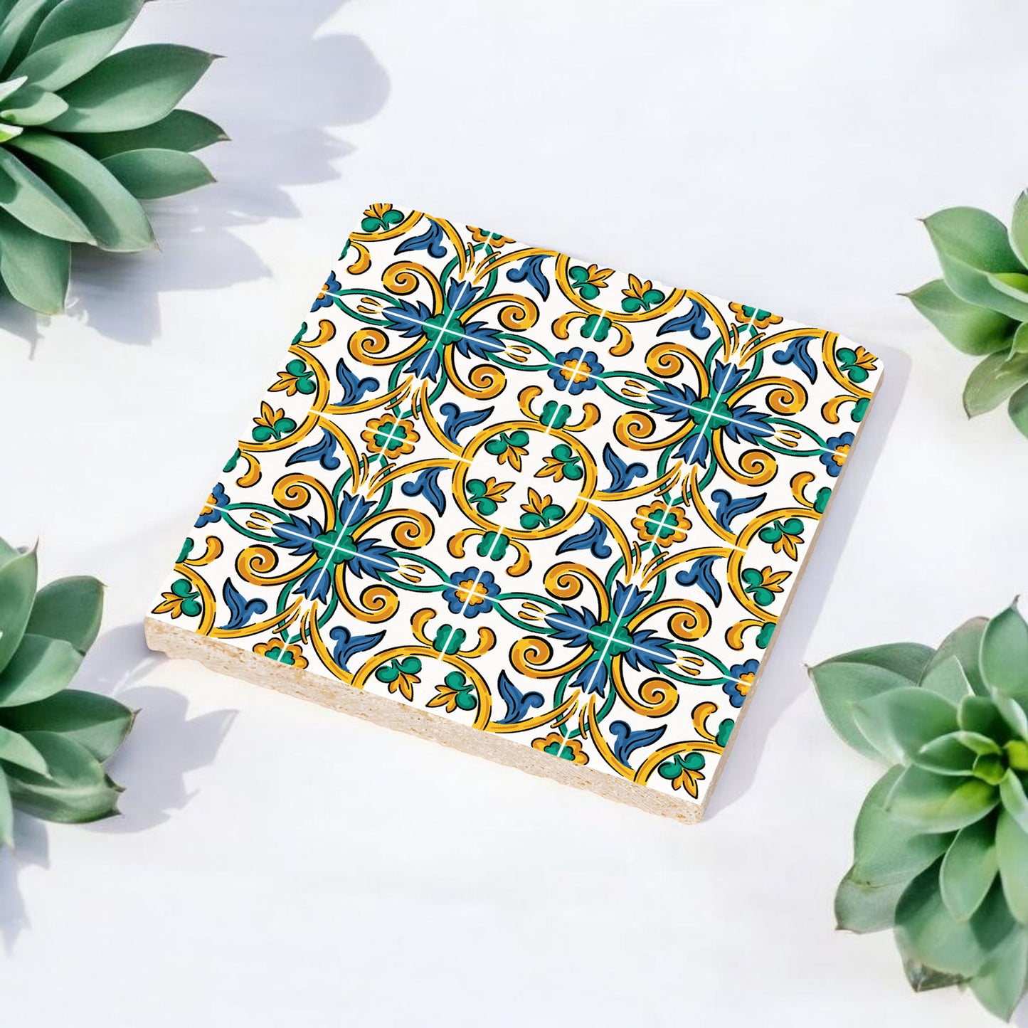 Steinuntersetzer-Set - Blaue und Grüne Ornamente