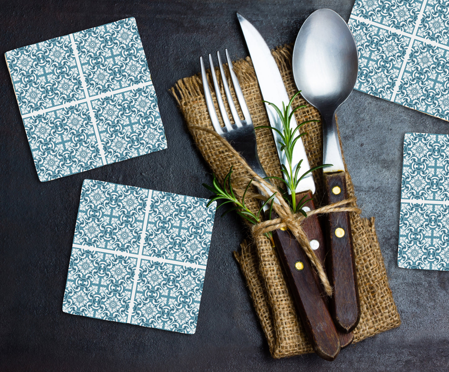 Steinuntersetzer-Set - Blaues Muster