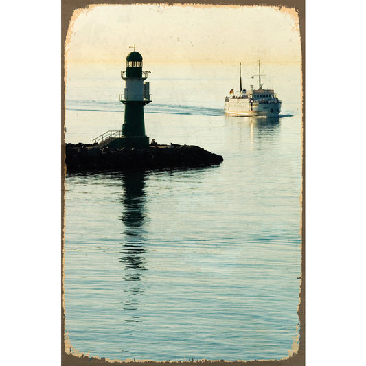 Blechschild - Light House With Ship